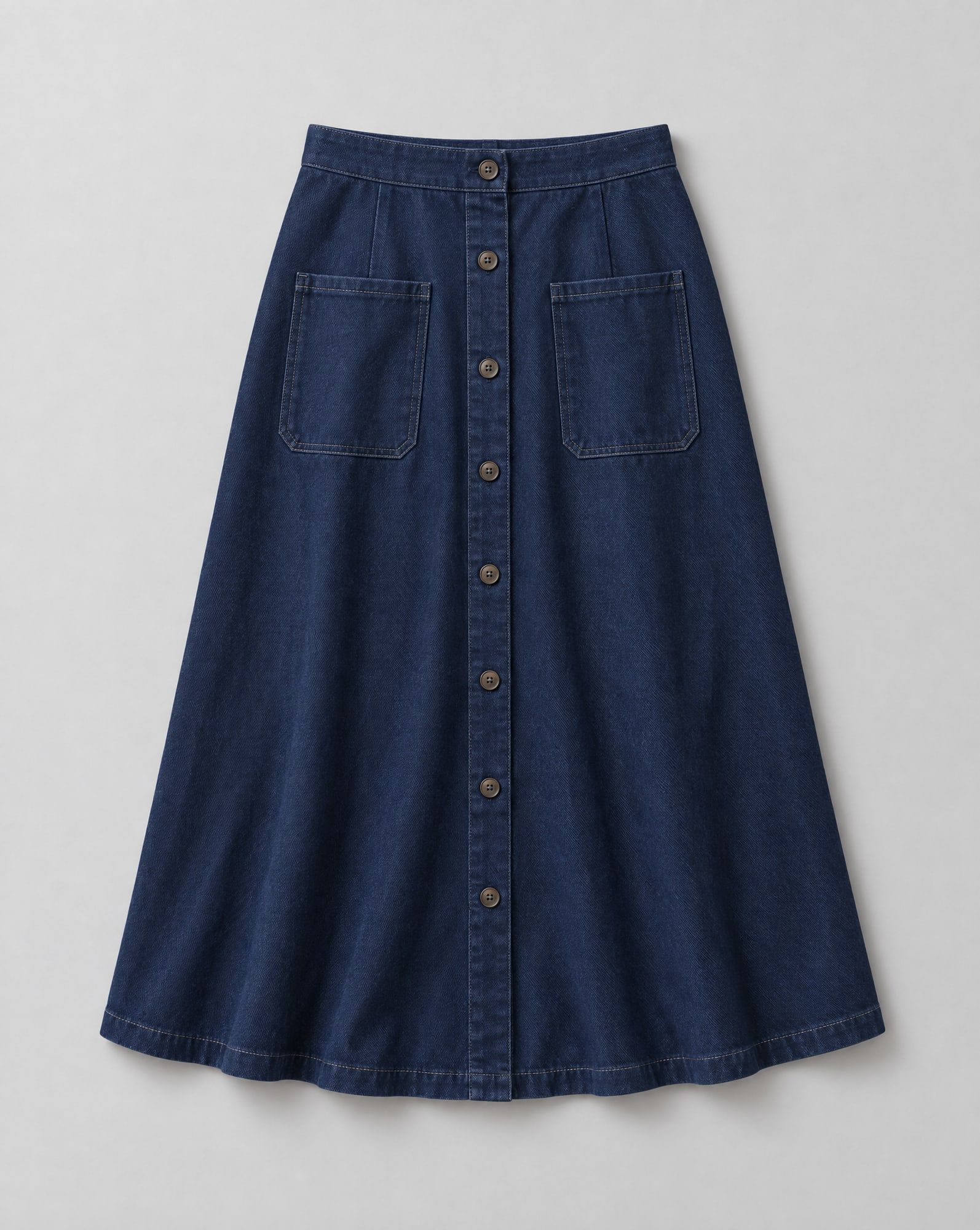 Indigo denim twill A-line midi skirt with button front and patch pockets