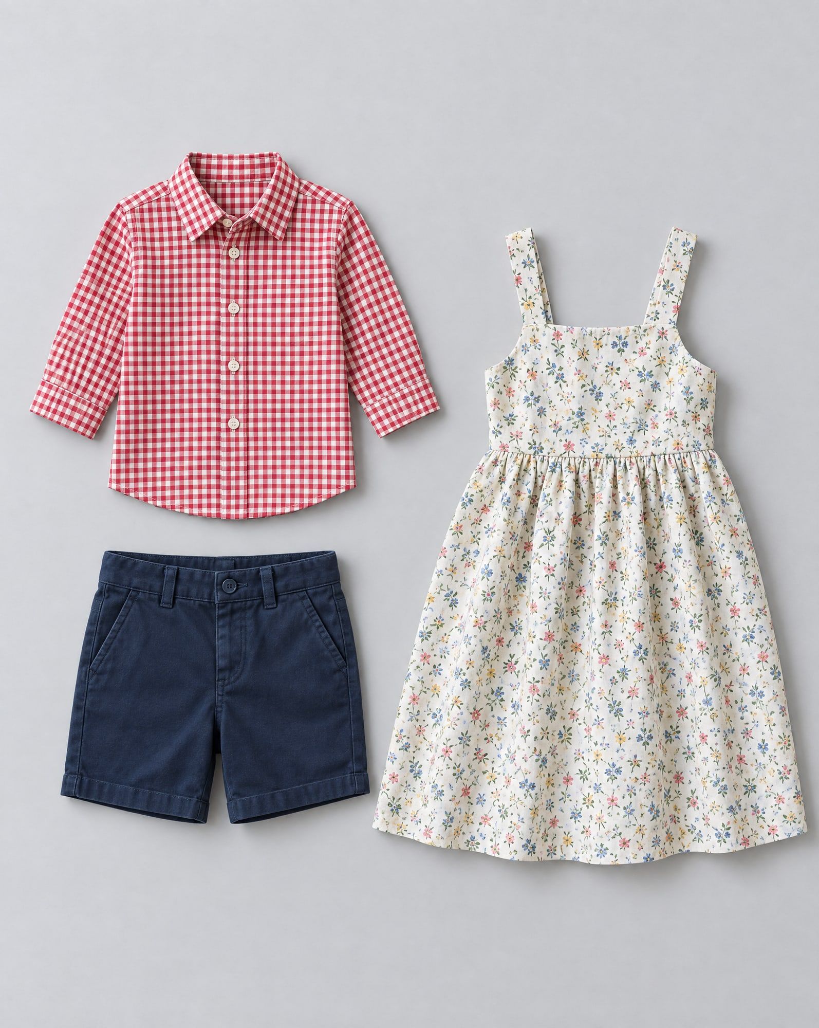 Children's red gingham shirt, navy twill shorts and floral cotton sundress laid flat