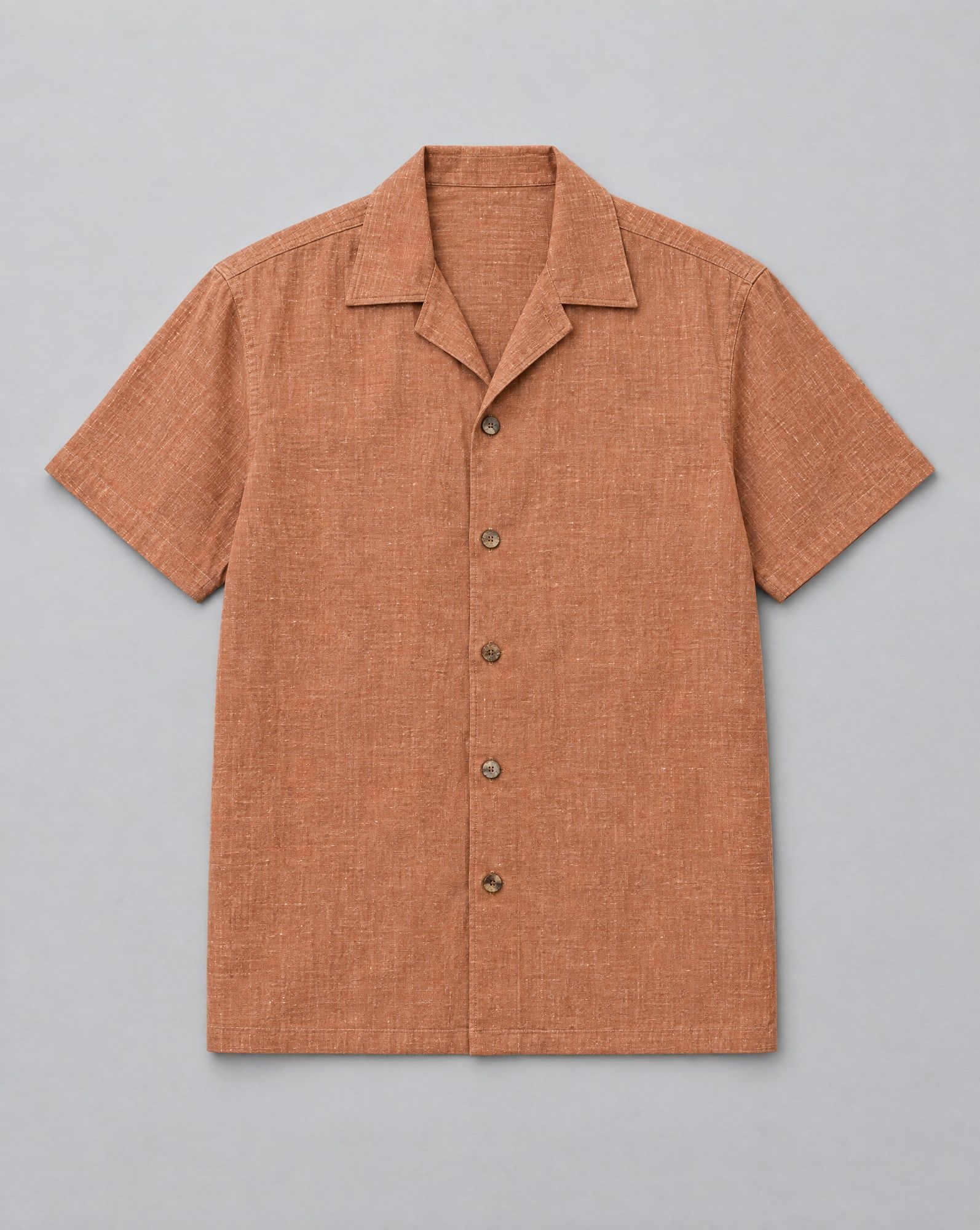 Rust linen-blend short-sleeve resort shirt with camp collar laid flat