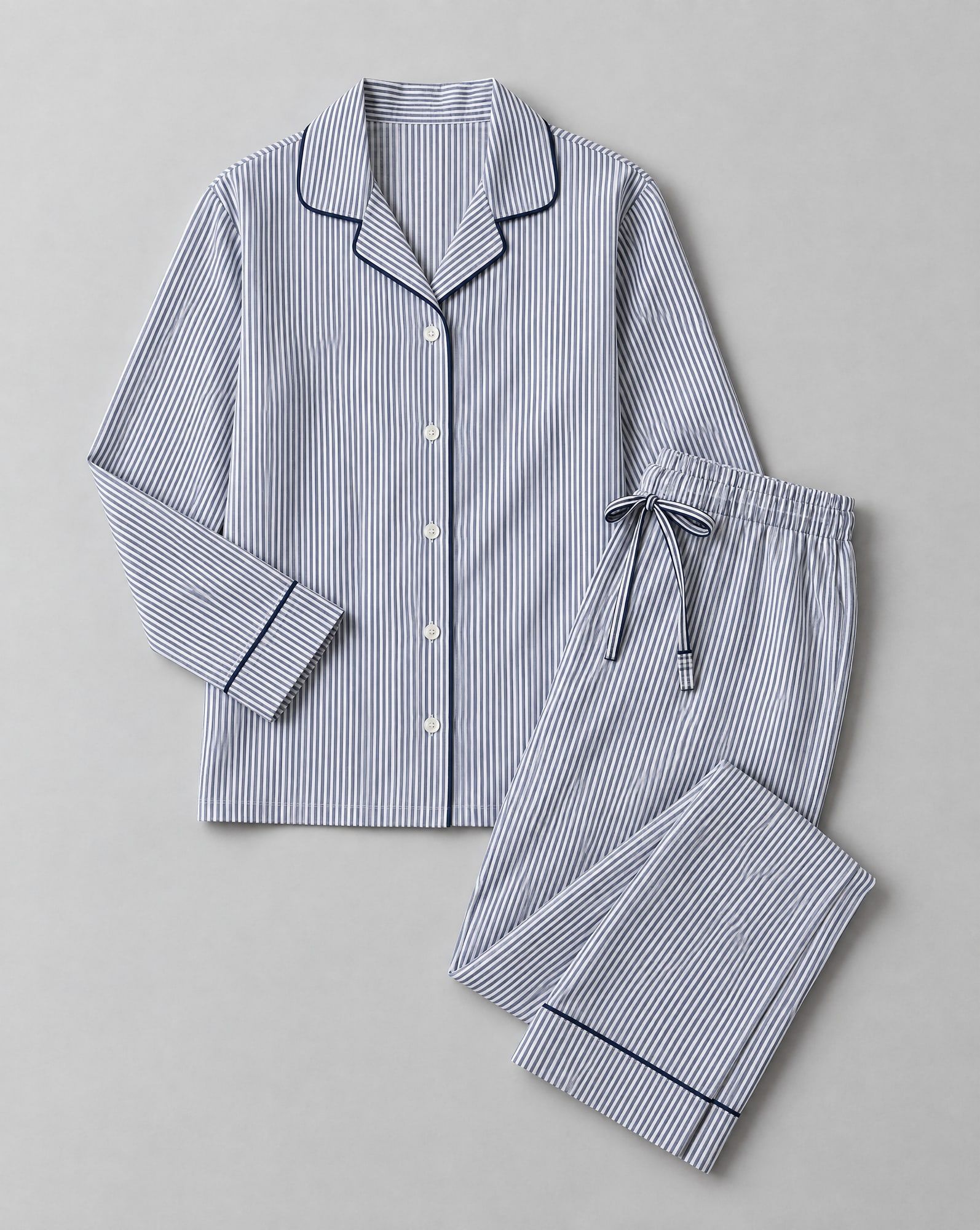 Navy and white striped cotton poplin pajama set with piped notch collar and drawstring trousers