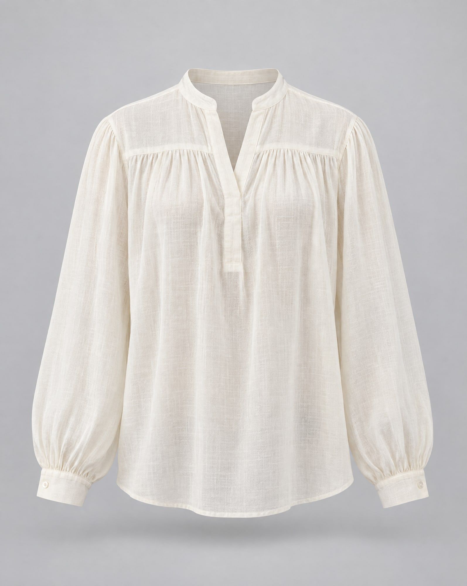 Ecru cotton voile women's blouse with band collar, gathered yoke and full sleeves