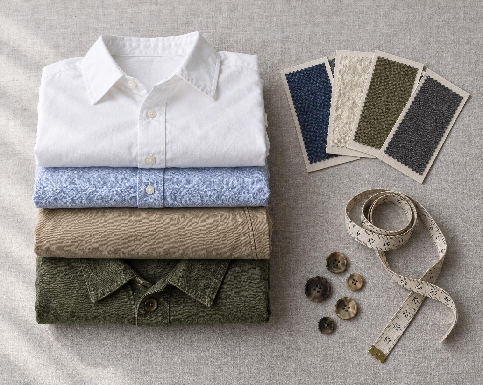 Folded woven shirts in white poplin and blue oxford, khaki chinos and an olive overshirt beside woven fabric swatches